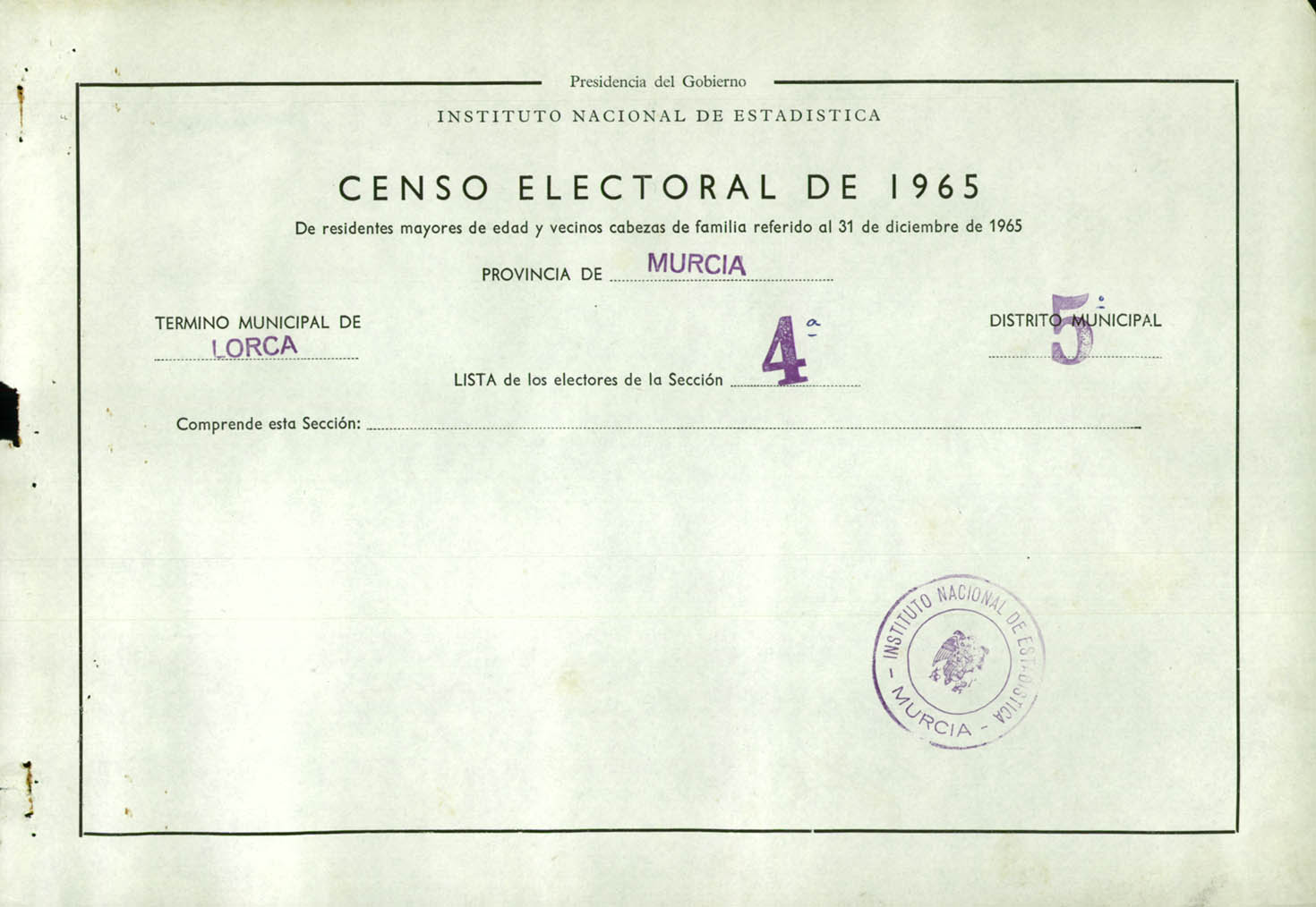 Censo electoral provincial de 1965: listas definitivas de Lorca, Distrito 5º, sección 4ª.